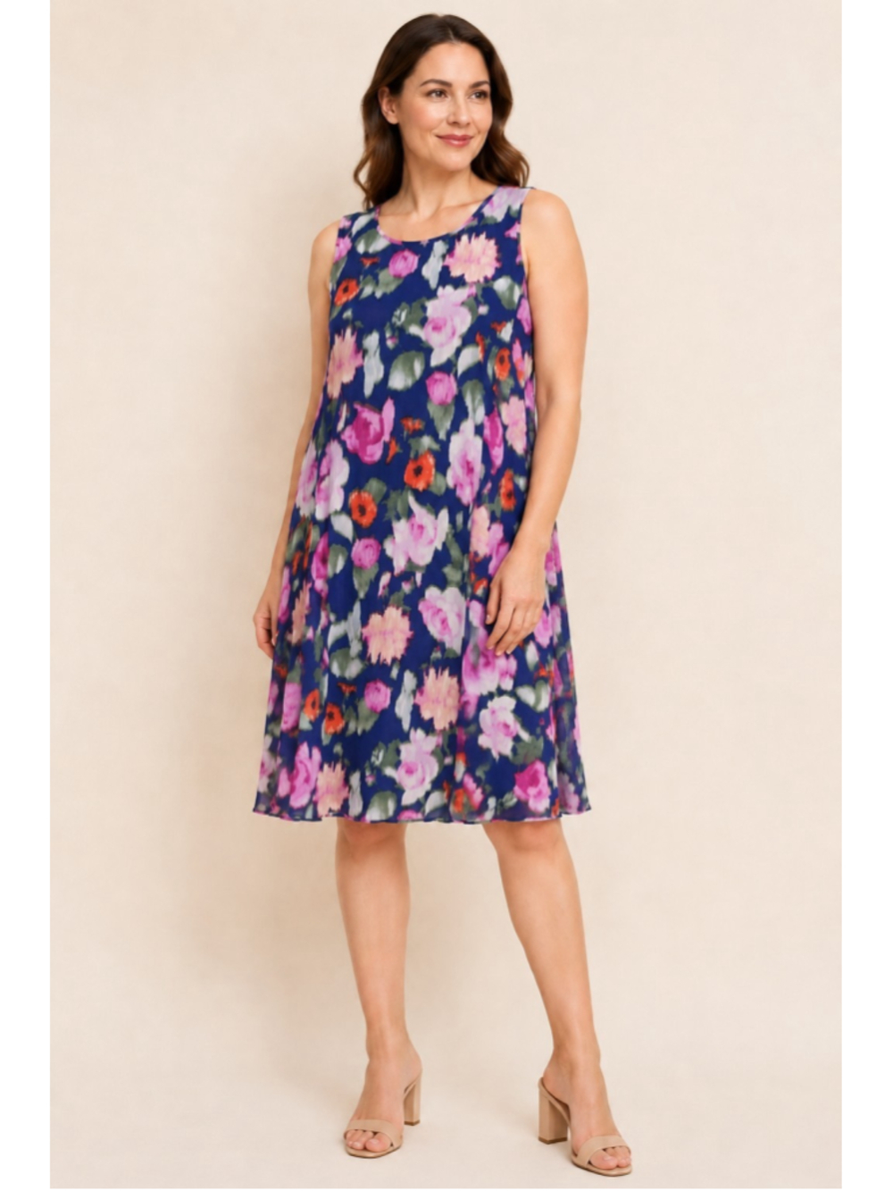 Calvin Klein Dress 10 Navy Pink Watercolor Floral Chiffon Sleeveless Shift